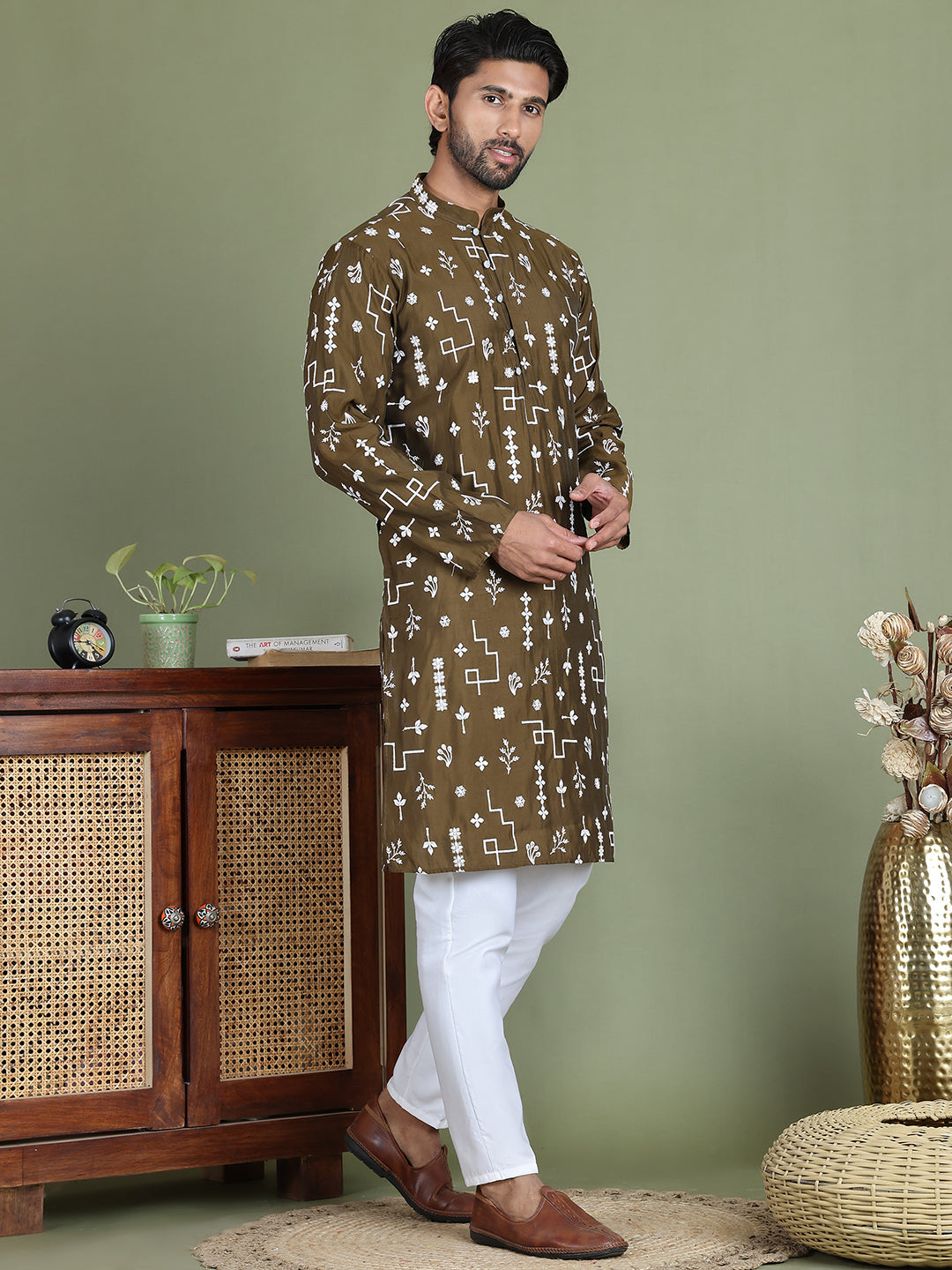 Embroidered Silk Blend Straight Kurta Pyjama ( JOKP 5126Mehndi )
