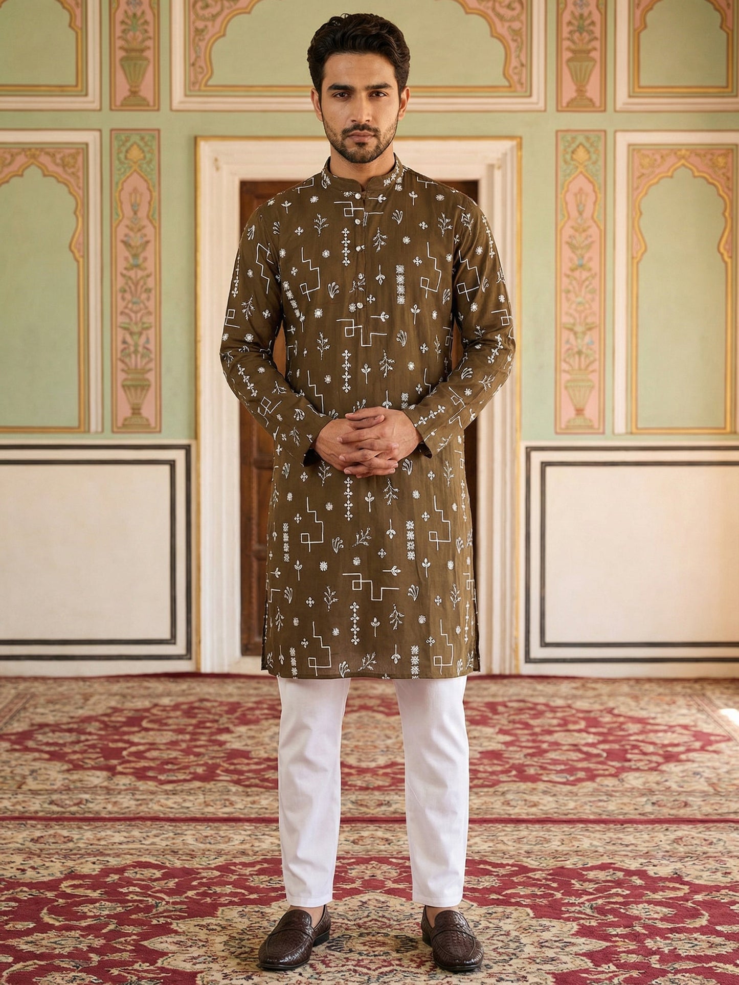 Embroidered Silk Blend Straight Kurta Pyjama ( JOKP P 5126Mehndi ) [FF] [F8]