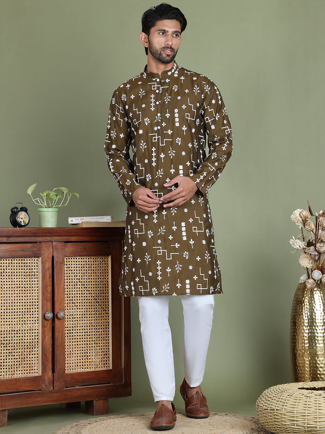 Embroidered Silk Blend Straight Kurta Pyjama ( JOKP 5126Mehndi )