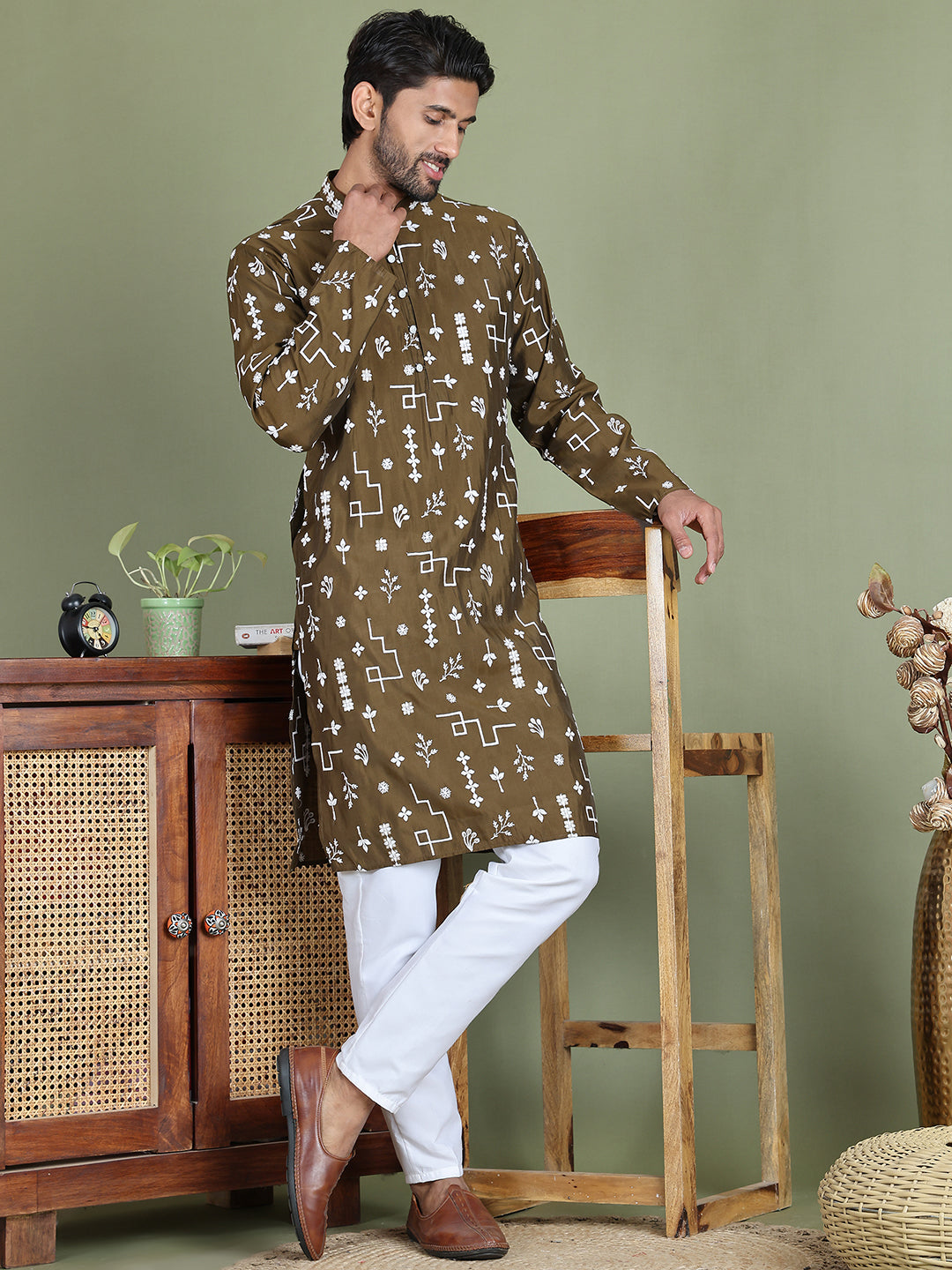 Embroidered Silk Blend Straight Kurta Pyjama ( JOKP 5126Mehndi )