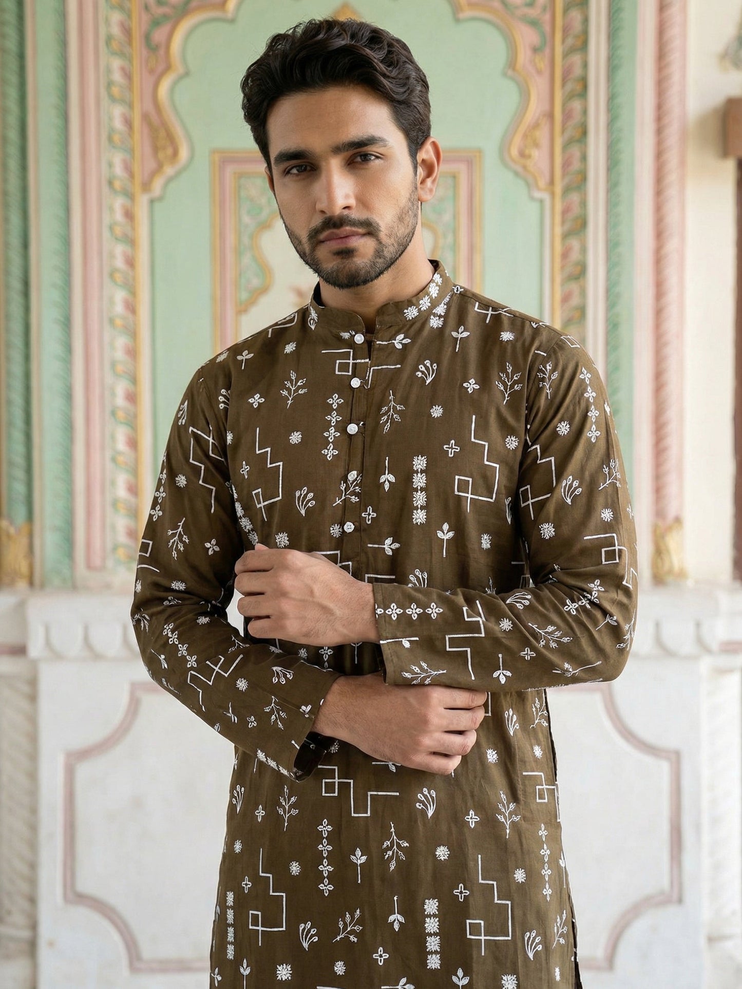 Embroidered Silk Blend Straight Kurta Pyjama ( JOKP P 5126Mehndi ) [FF] [F8]