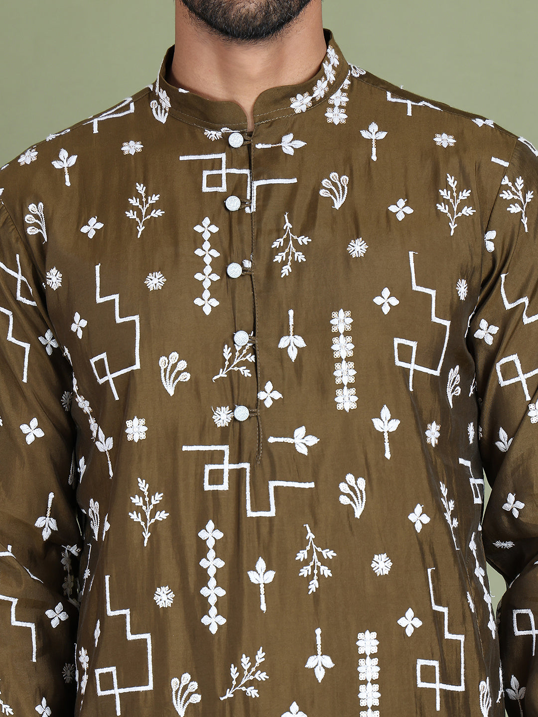 Embroidered Silk Blend Straight Kurta Pyjama ( JOKP 5126Mehndi )