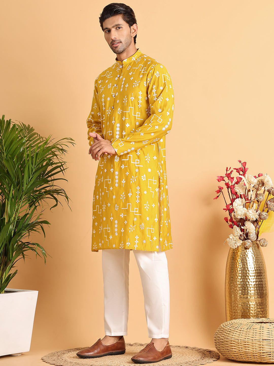 Embroidered Silk Blend Straight Kurta Pyjama ( JOKP P 5126Mustard )