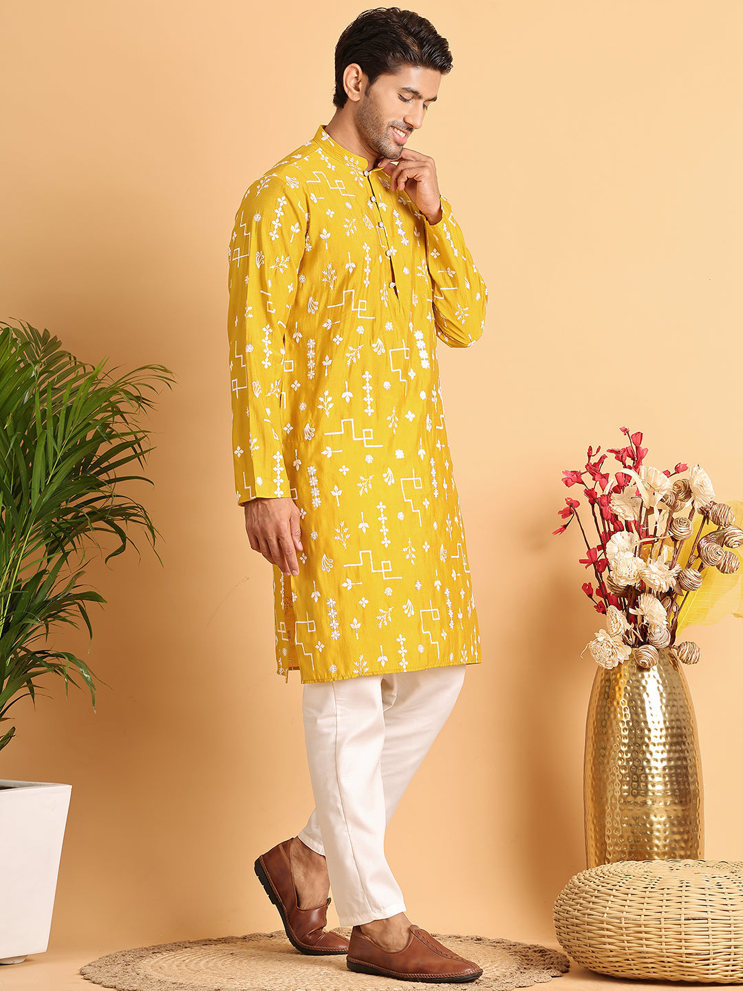 Embroidered Silk Blend Straight Kurta Pyjama ( JOKP P 5126Mustard )