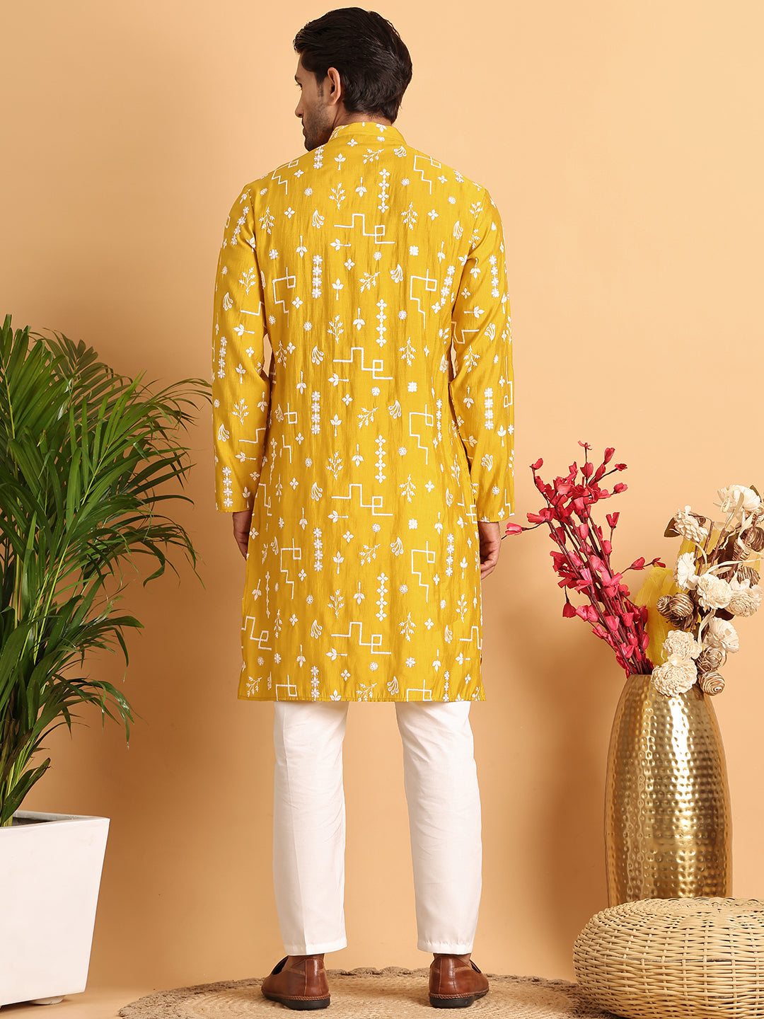 Embroidered Silk Blend Straight Kurta Pyjama ( JOKP P 5126Mustard )