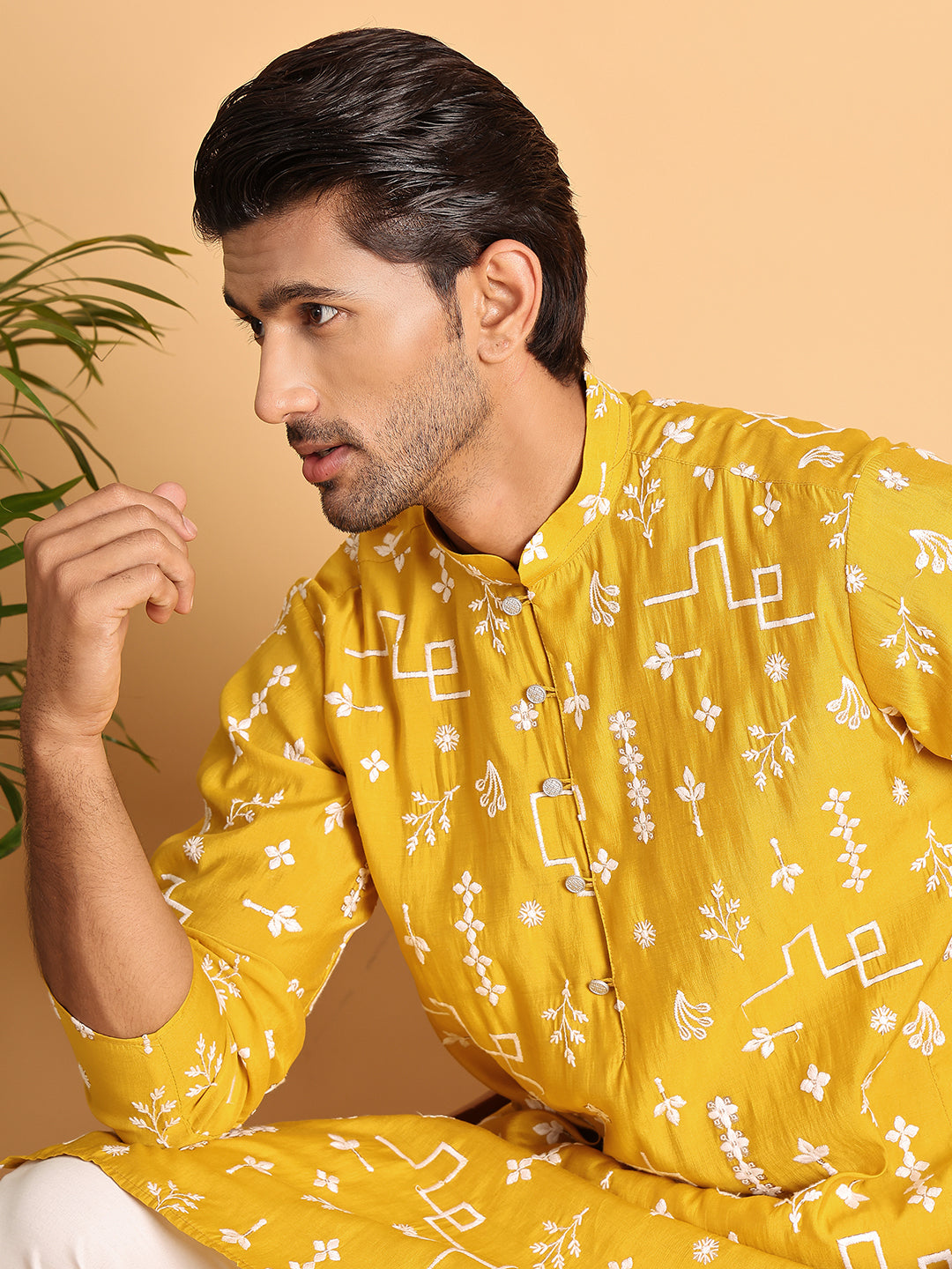 Embroidered Silk Blend Straight Kurta Pyjama ( JOKP P 5126Mustard )