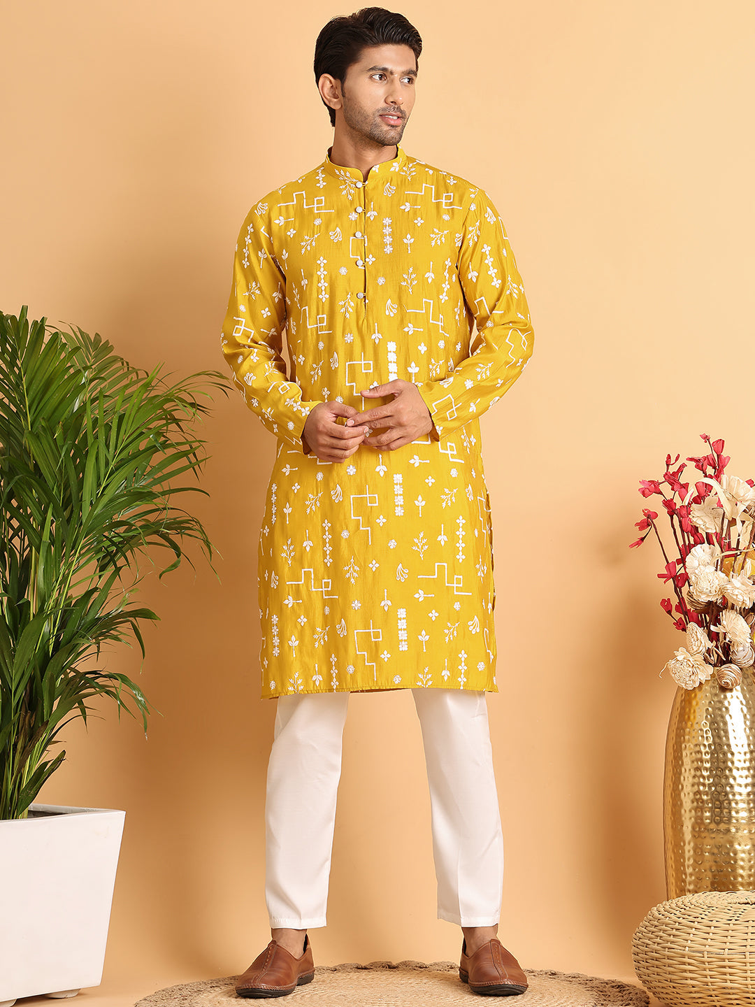 Embroidered Silk Blend Straight Kurta Pyjama ( JOKP P 5126Mustard )