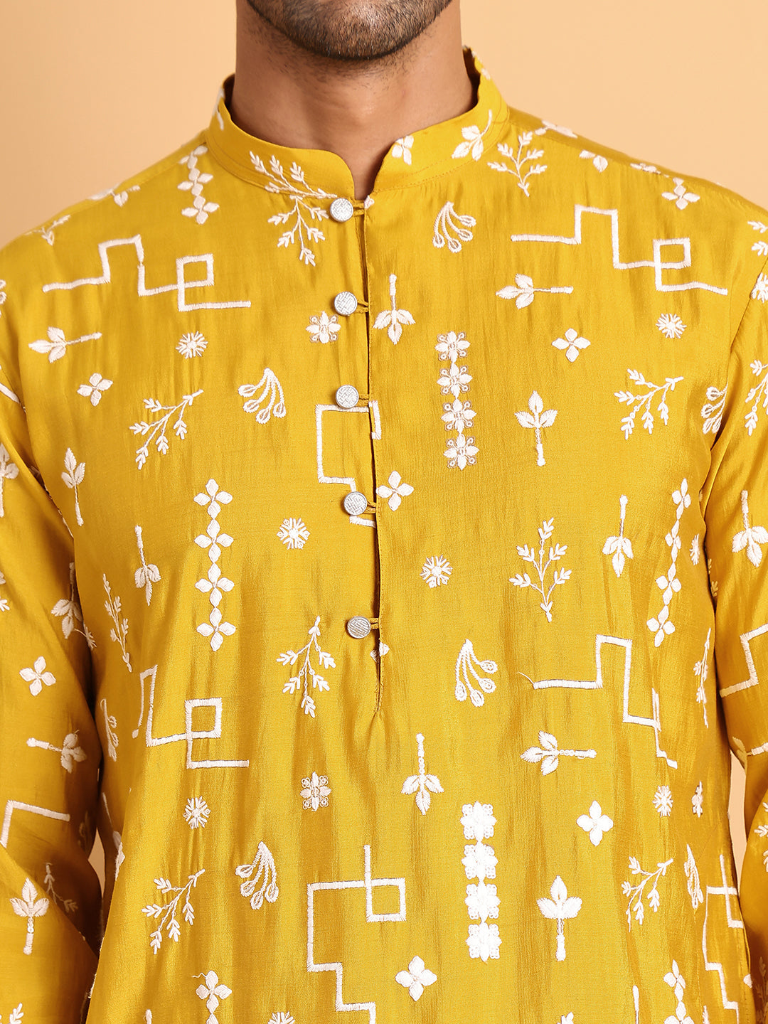 Embroidered Silk Blend Straight Kurta Pyjama ( JOKP P 5126Mustard )