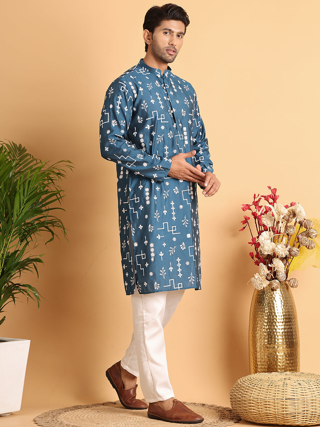 Embroidered Silk Blend Straight Kurta Pyjama ( JOKP P 5126Peacock )
