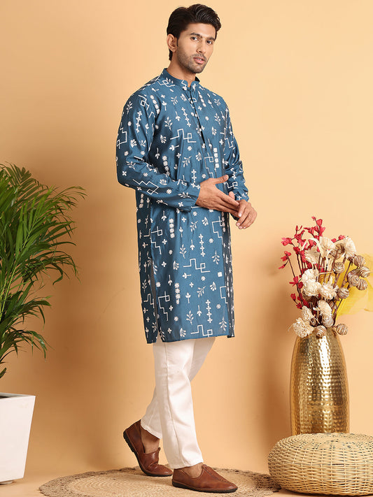Embroidered Silk Blend Straight Kurta Pyjama ( JOKP P 5126Peacock )