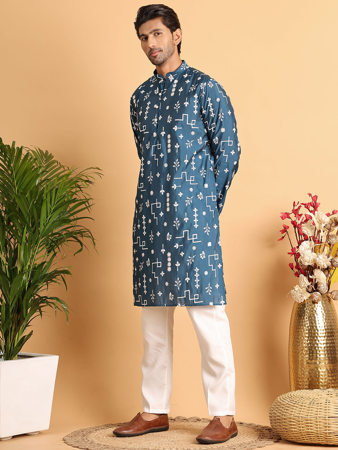 Embroidered Silk Blend Straight Kurta Pyjama ( JOKP P 5126Peacock )