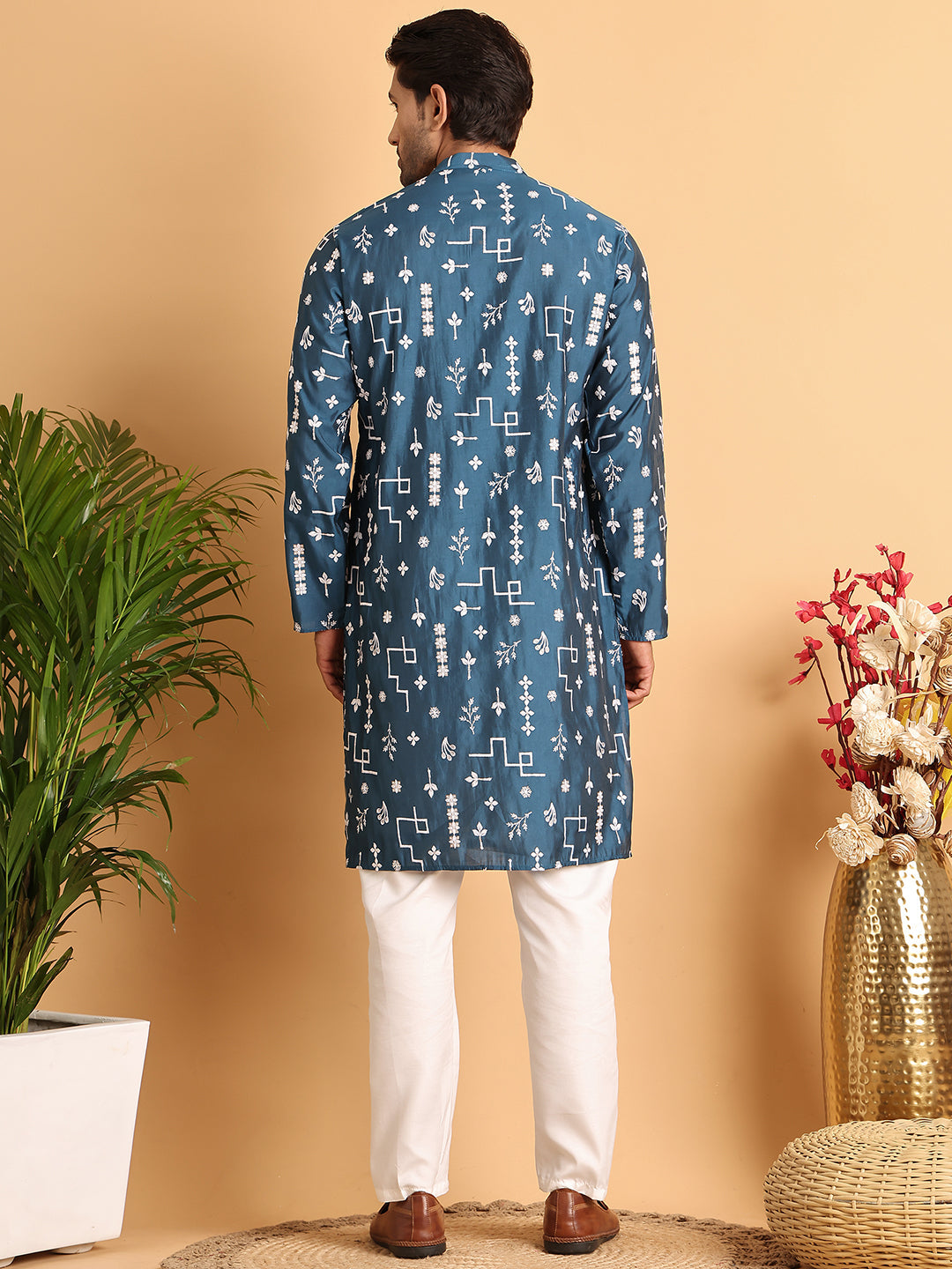 Embroidered Silk Blend Straight Kurta Pyjama ( JOKP P 5126Peacock )