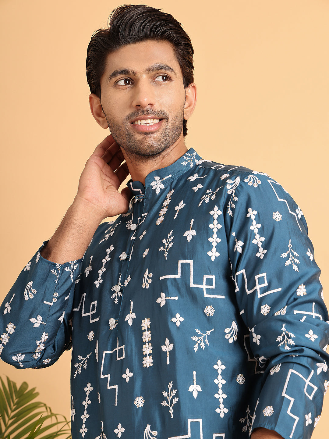 Embroidered Silk Blend Straight Kurta Pyjama ( JOKP P 5126Peacock )