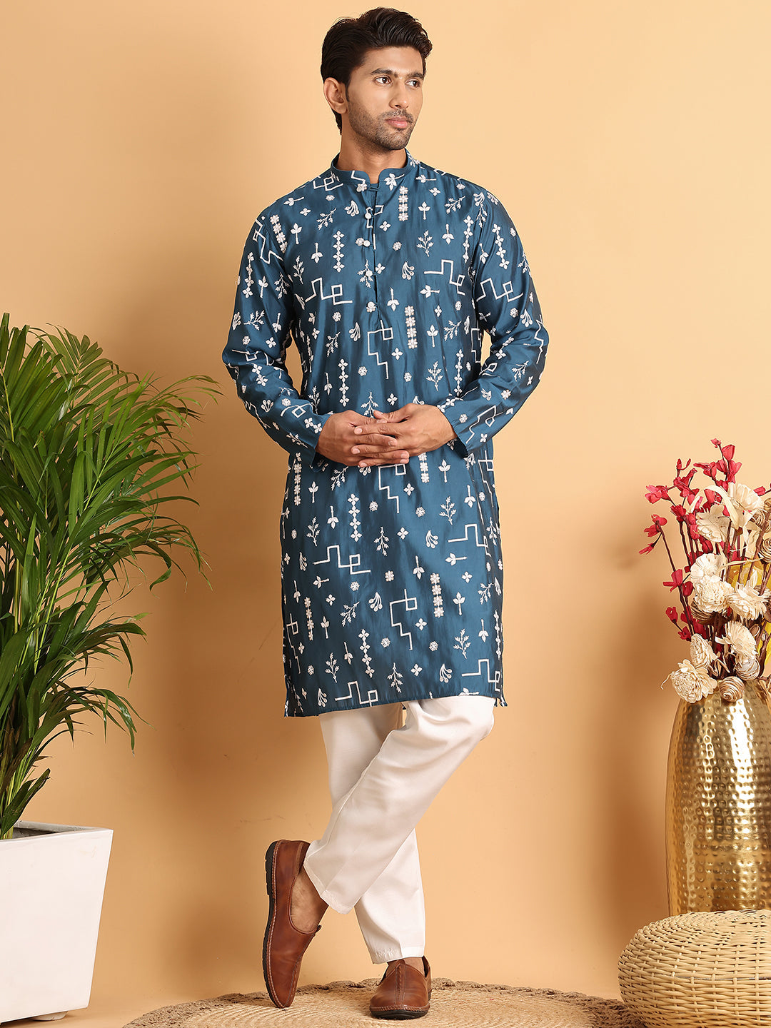Embroidered Silk Blend Straight Kurta Pyjama ( JOKP P 5126Peacock )