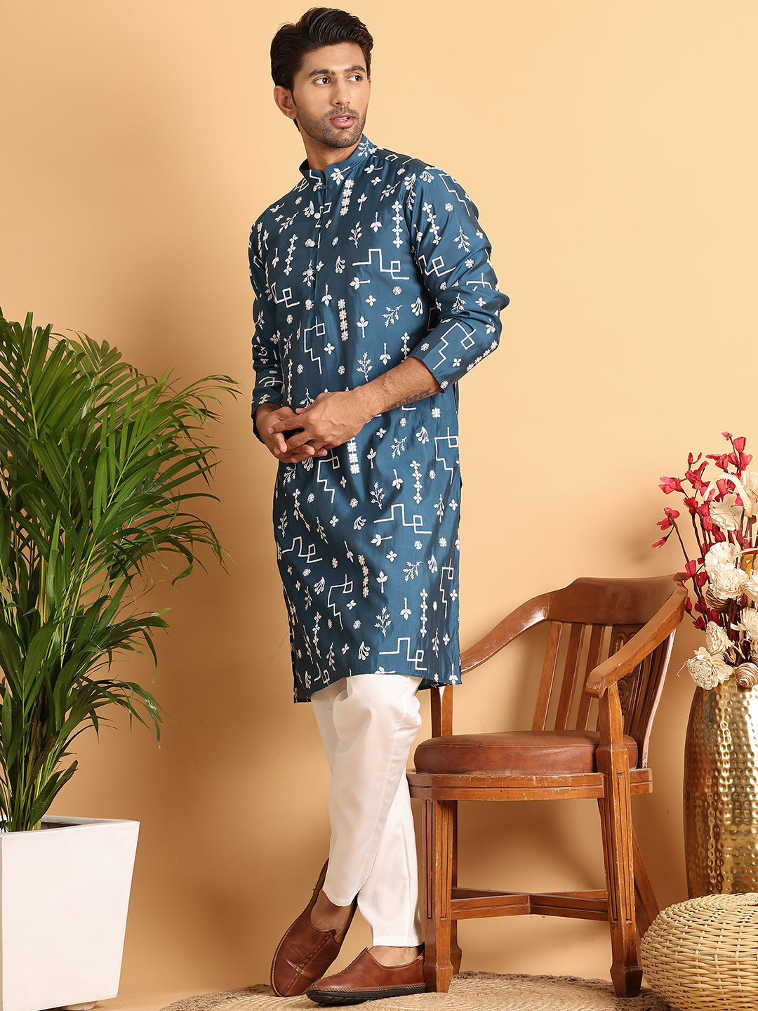 Embroidered Silk Blend Straight Kurta Pyjama ( JOKP P 5126Peacock )