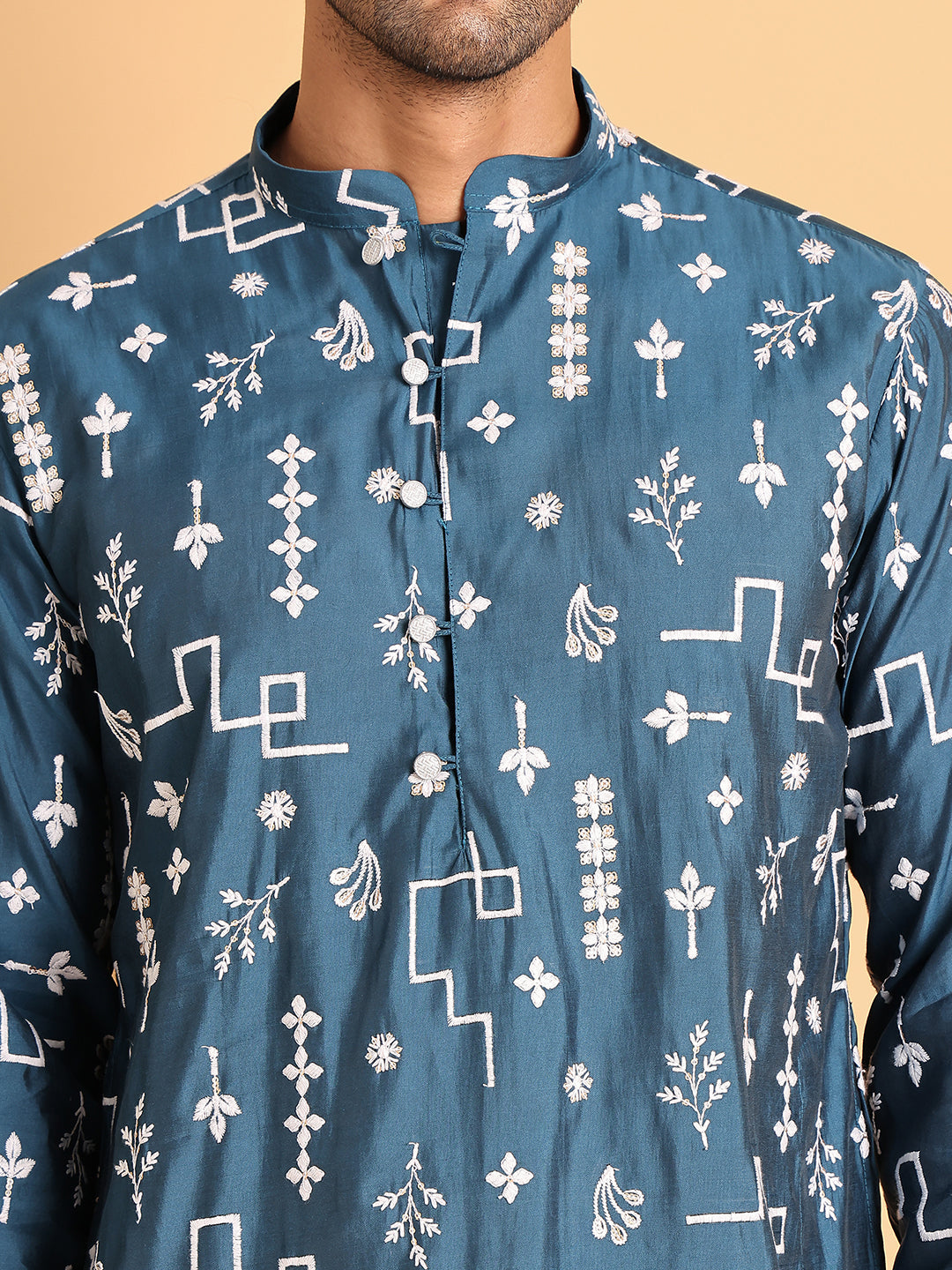 Embroidered Silk Blend Straight Kurta Pyjama ( JOKP P 5126Peacock )