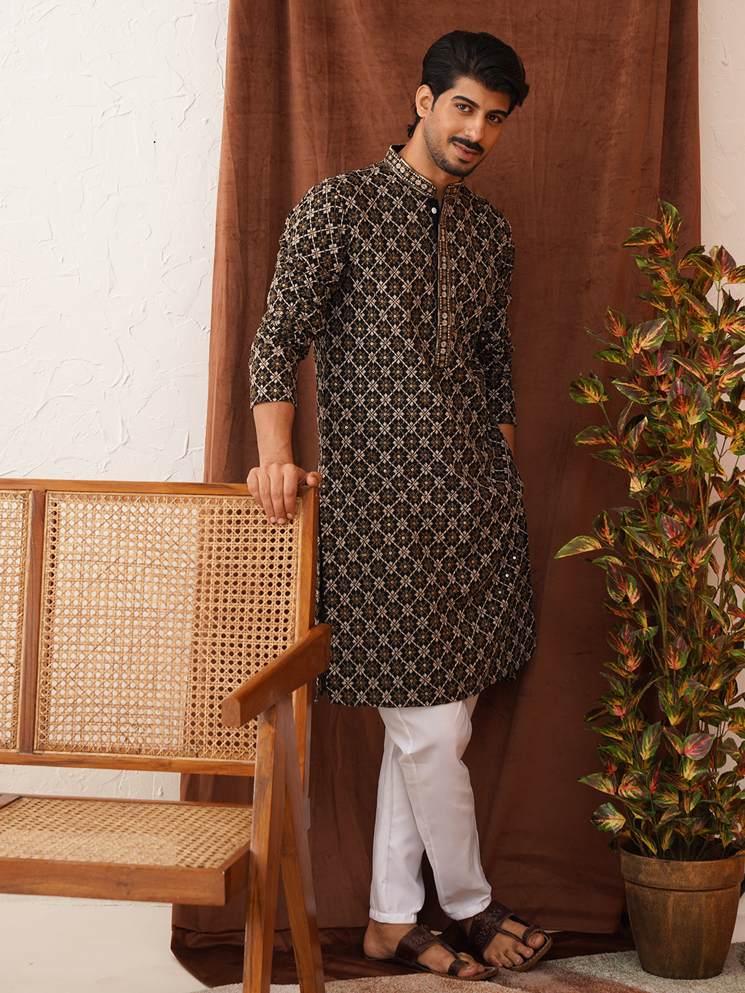 Embroidered Kurta Pyjama Set For Men ( JOKP P 5127Black )