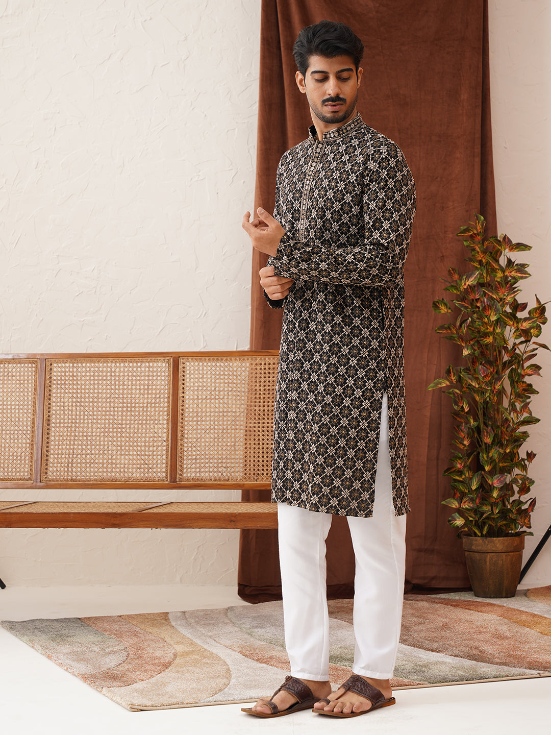 Embroidered Kurta Pyjama Set For Men ( JOKP P 5127Black )