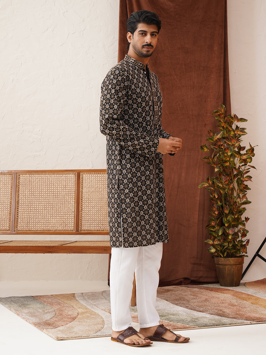 Embroidered Kurta Pyjama Set For Men ( JOKP P 5127Black )