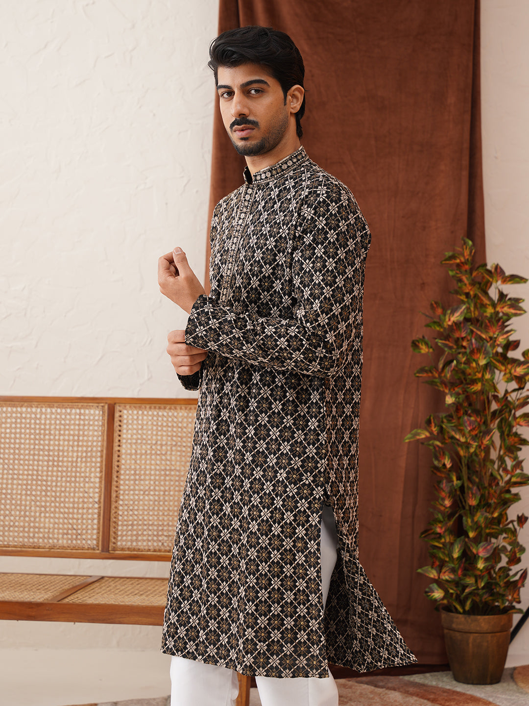 Embroidered Kurta Pyjama Set For Men ( JOKP P 5127Black )
