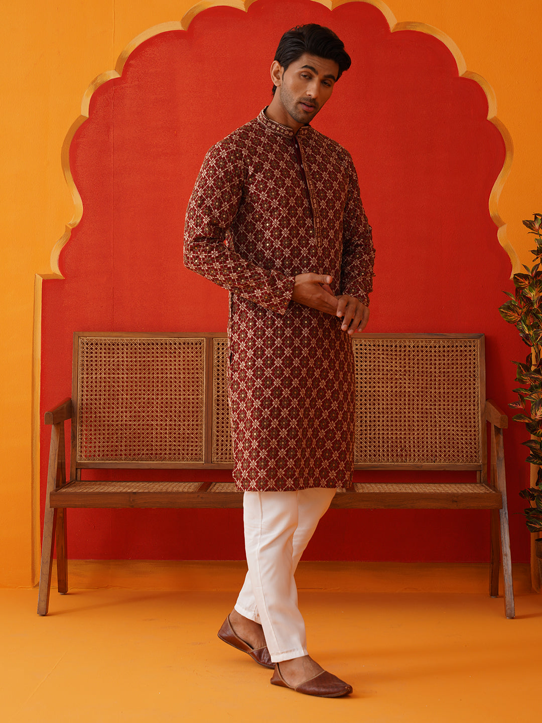 Embroidered Kurta Pyjama Set For Men ( JOKP P 5127Maroon )