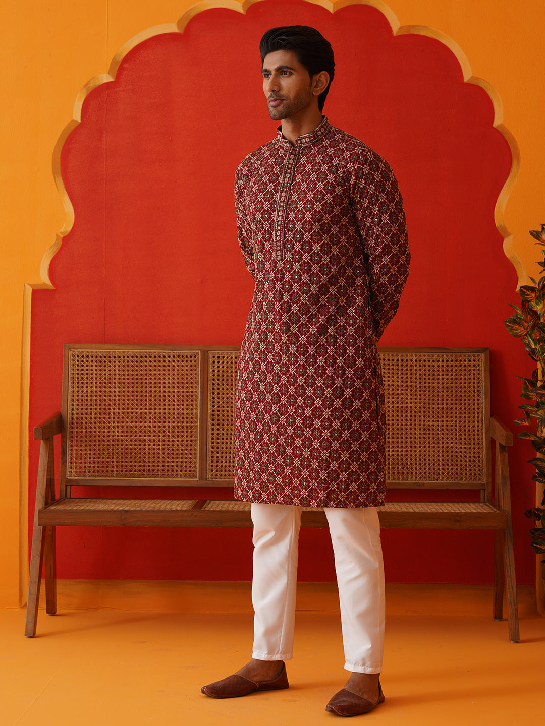 Embroidered Kurta Pyjama Set For Men ( JOKP P 5127Maroon )