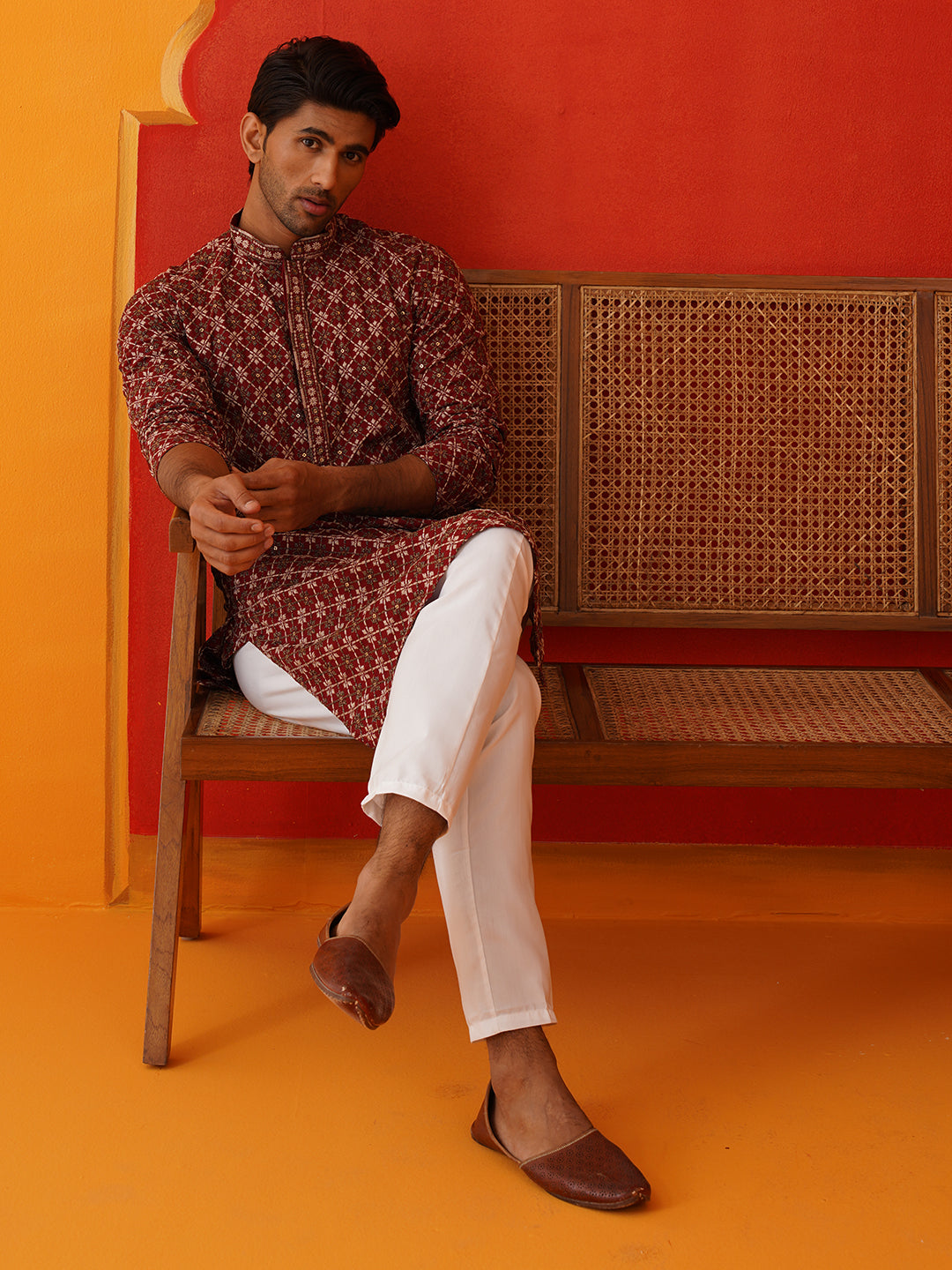 Embroidered Kurta Pyjama Set For Men ( JOKP P 5127Maroon )
