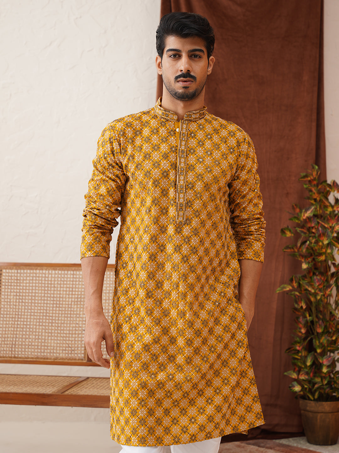 Embroidered Kurta Pyjama Set For Men ( JOKP P 5127Mustard )
