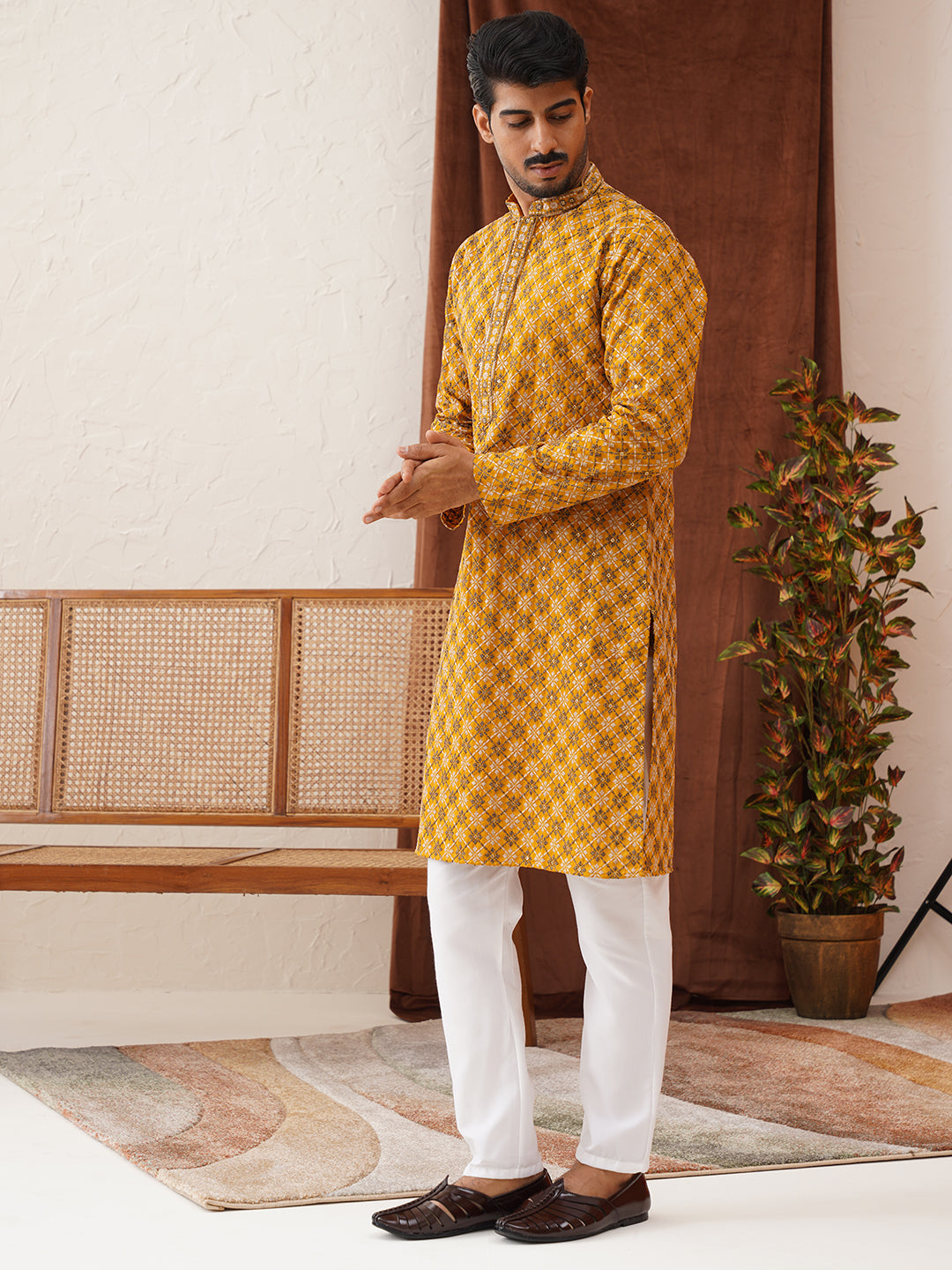 Embroidered Kurta Pyjama Set For Men ( JOKP P 5127Mustard )