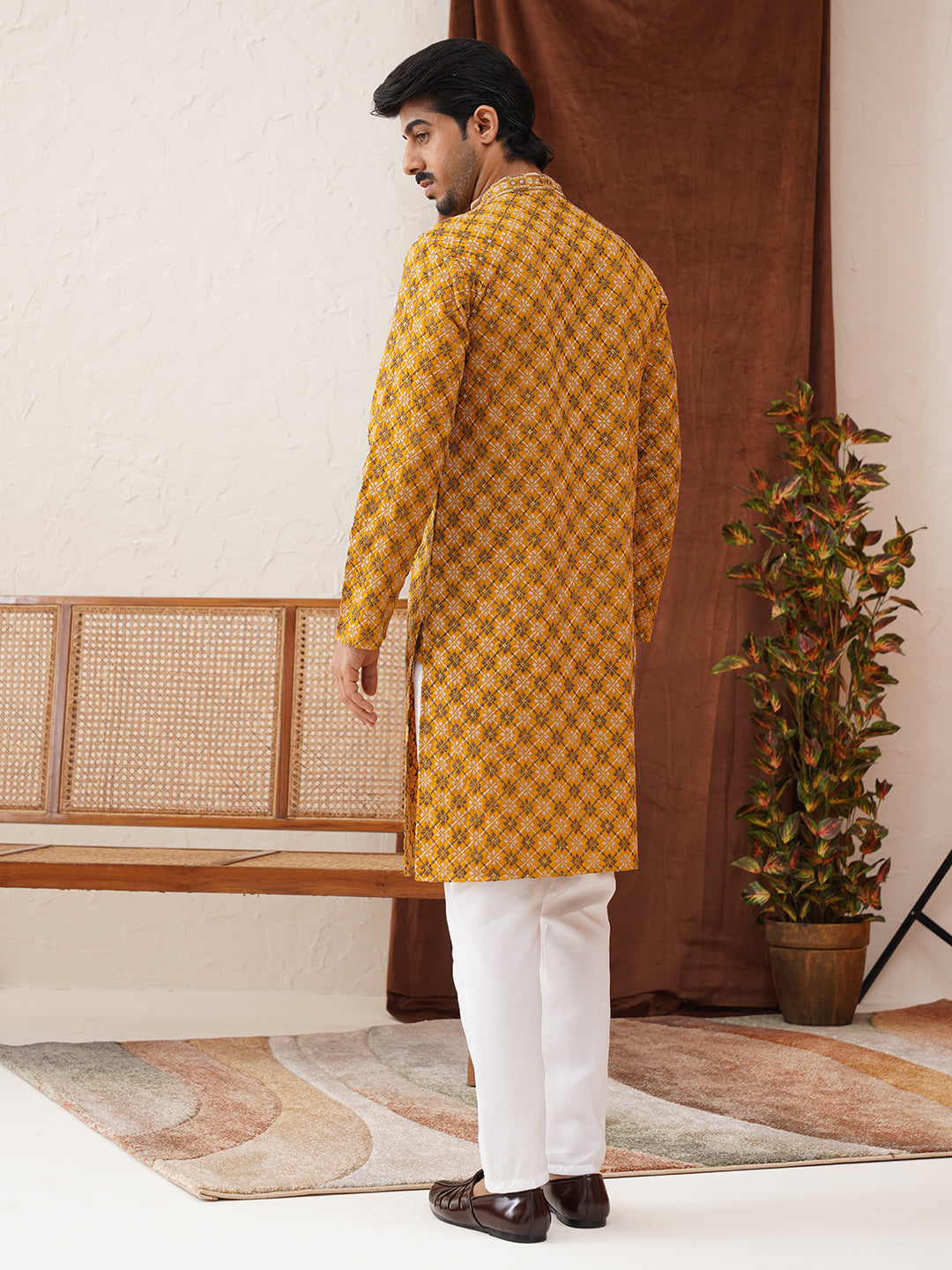 Embroidered Kurta Pyjama Set For Men ( JOKP P 5127Mustard )