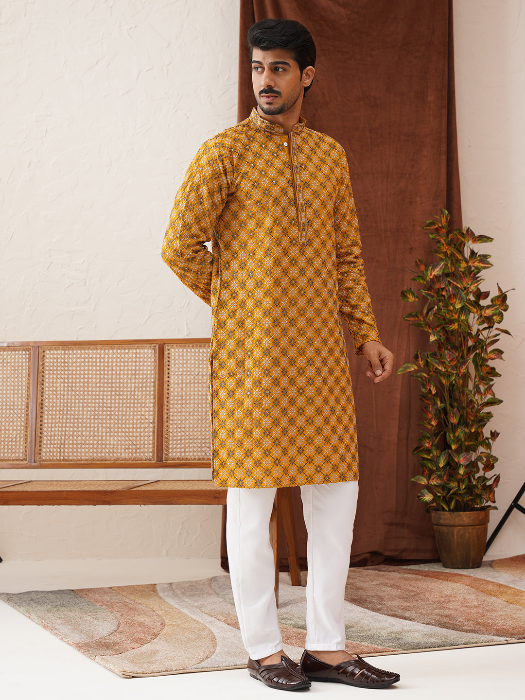 Embroidered Kurta Pyjama Set For Men ( JOKP P 5127Mustard )