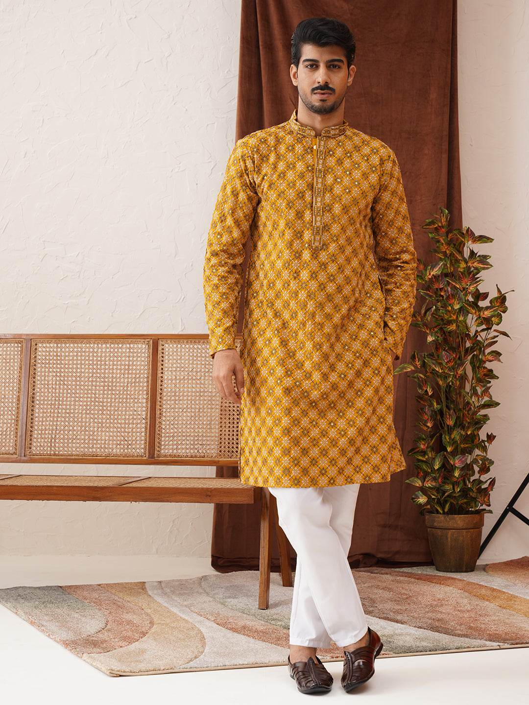 Embroidered Kurta Pyjama Set For Men ( JOKP P 5127Mustard )