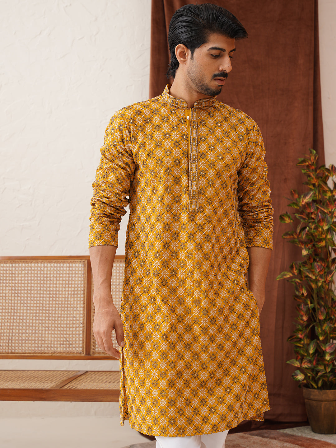 Embroidered Kurta Pyjama Set For Men ( JOKP P 5127Mustard )