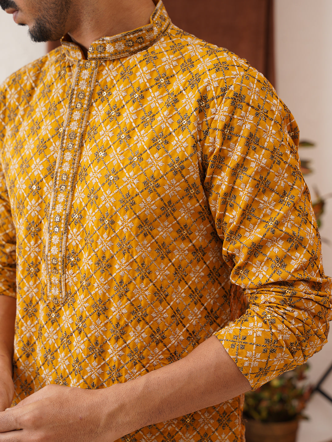 Embroidered Kurta Pyjama Set For Men ( JOKP P 5127Mustard )