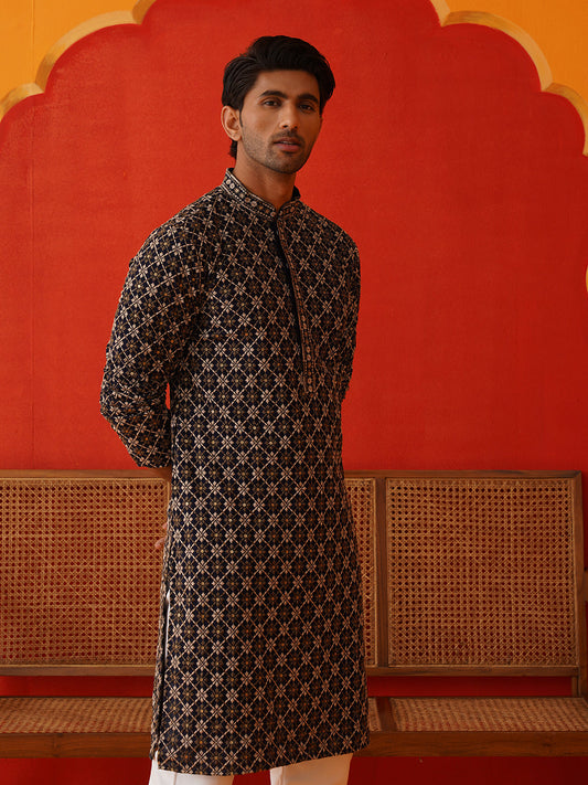 Embroidered Kurta Pyjama Set For Men ( JOKP P 5127Navy )