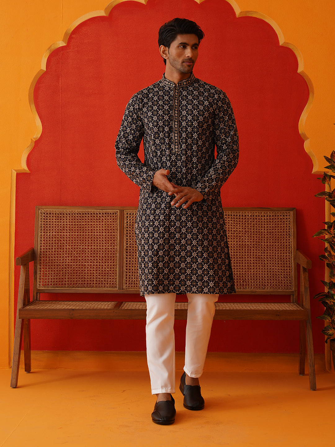 Embroidered Kurta Pyjama Set For Men ( JOKP P 5127Navy )