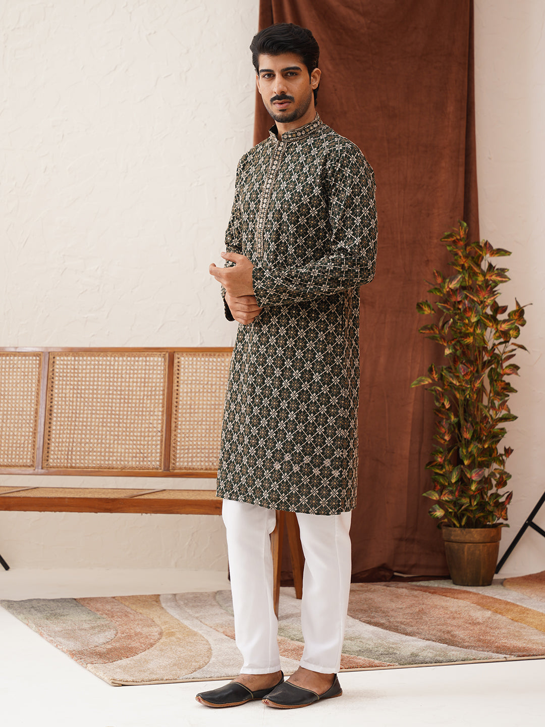 Embroidered Kurta Pyjama Set For Men ( JOKP P 5127Olive )