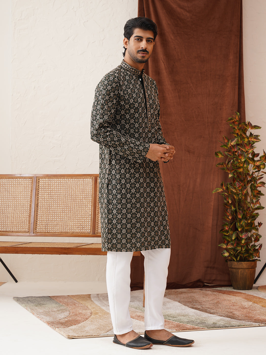 Embroidered Kurta Pyjama Set For Men ( JOKP P 5127Olive )
