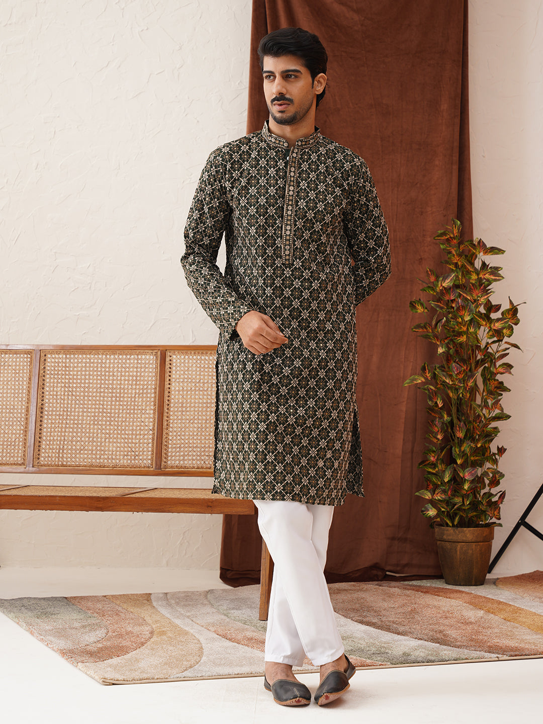 Embroidered Kurta Pyjama Set For Men ( JOKP P 5127Olive )