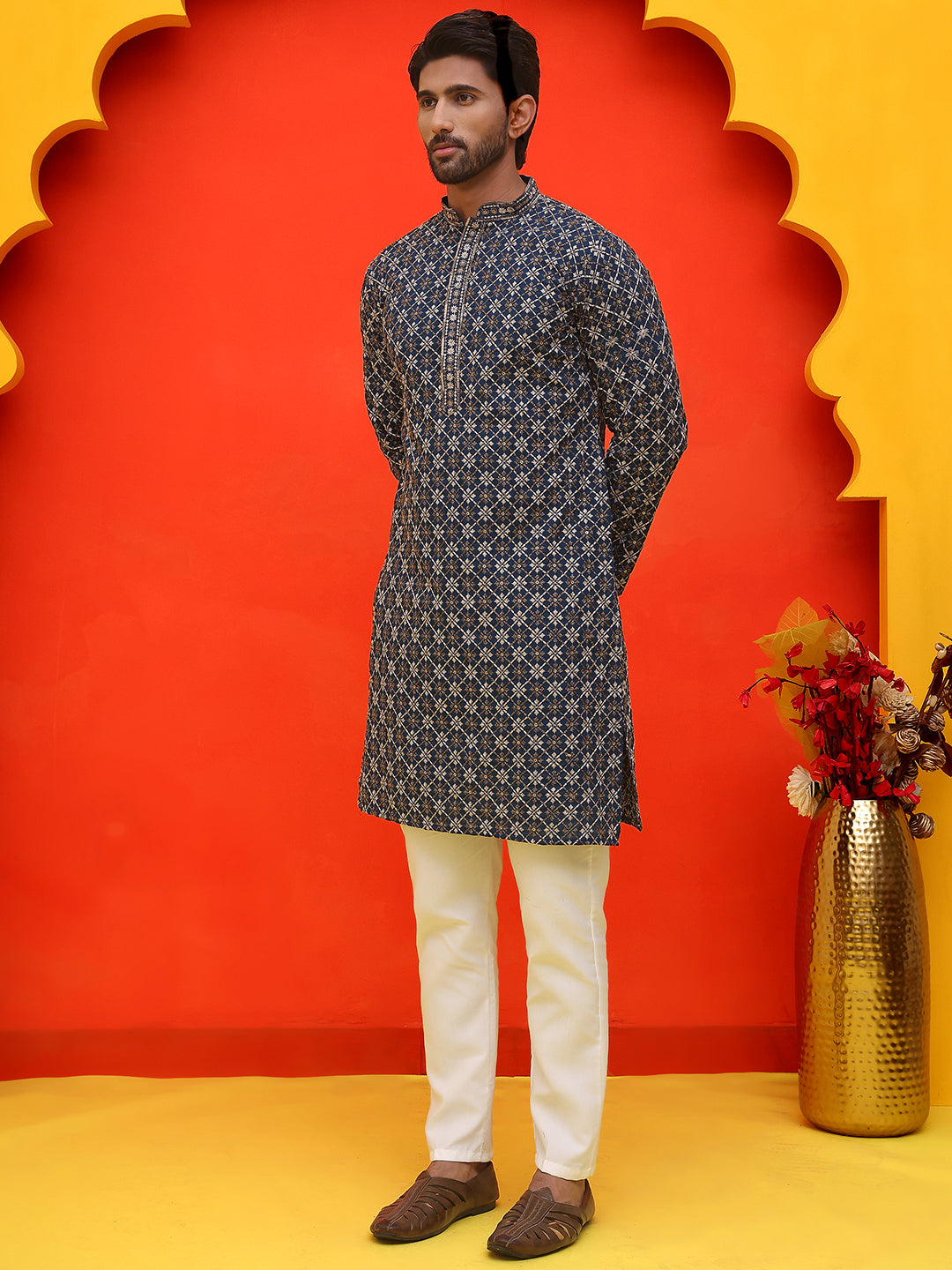 Embroidered Kurta Pyjama Set For Men ( JOKP P 5127 Peacock )