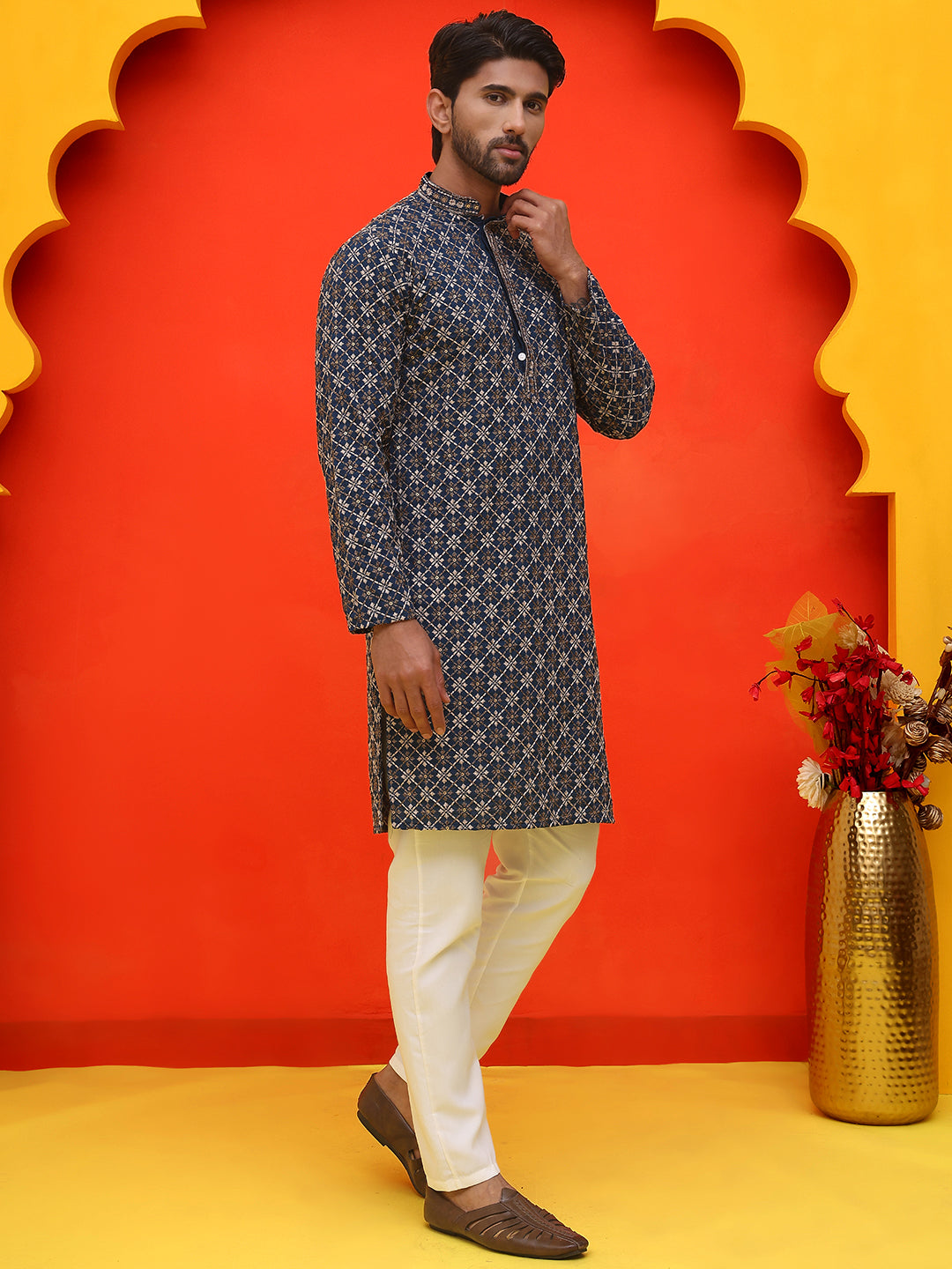 Embroidered Kurta Pyjama Set For Men ( JOKP P 5127 Peacock )