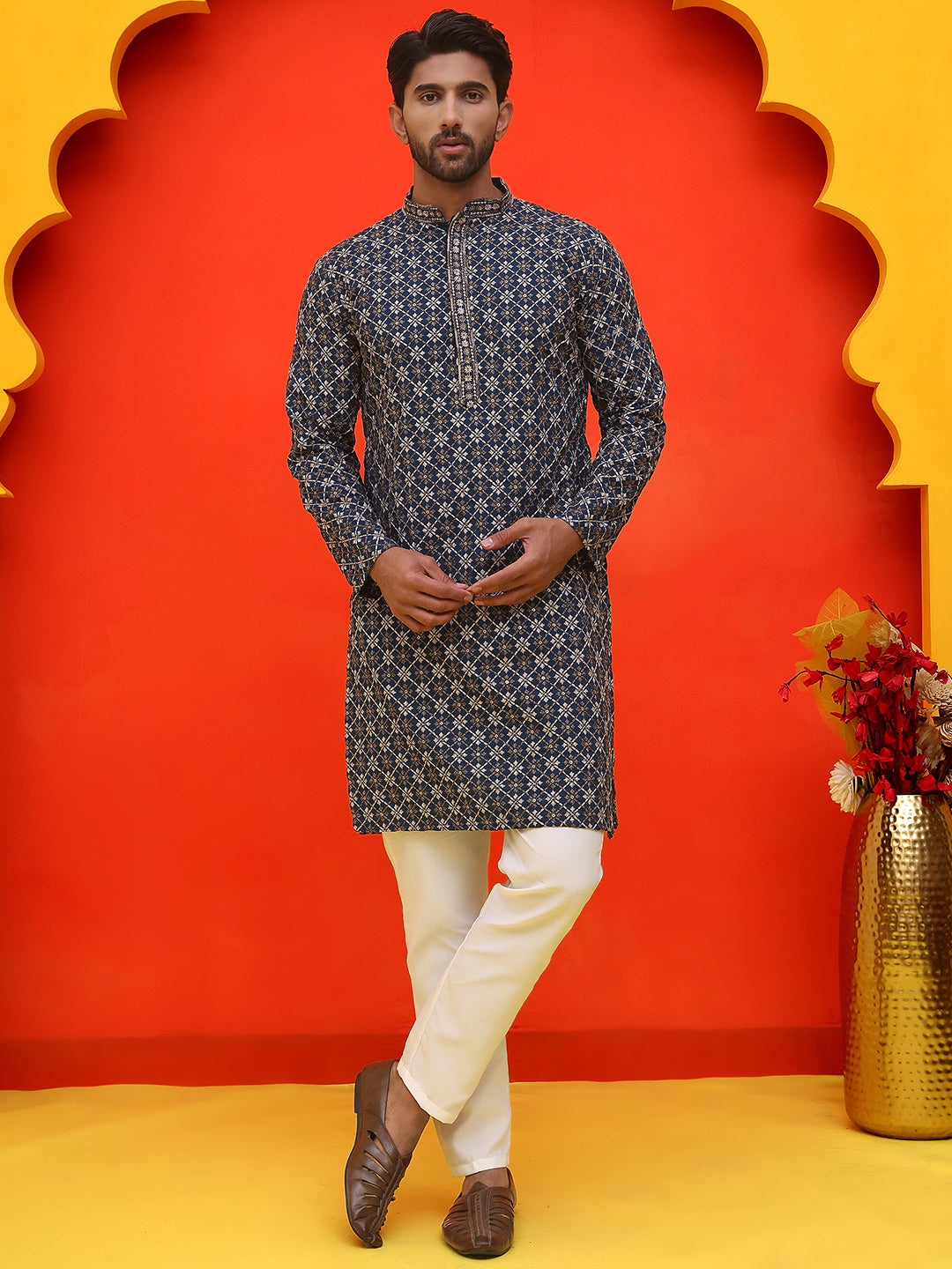 Embroidered Kurta Pyjama Set For Men ( JOKP P 5127 Peacock )