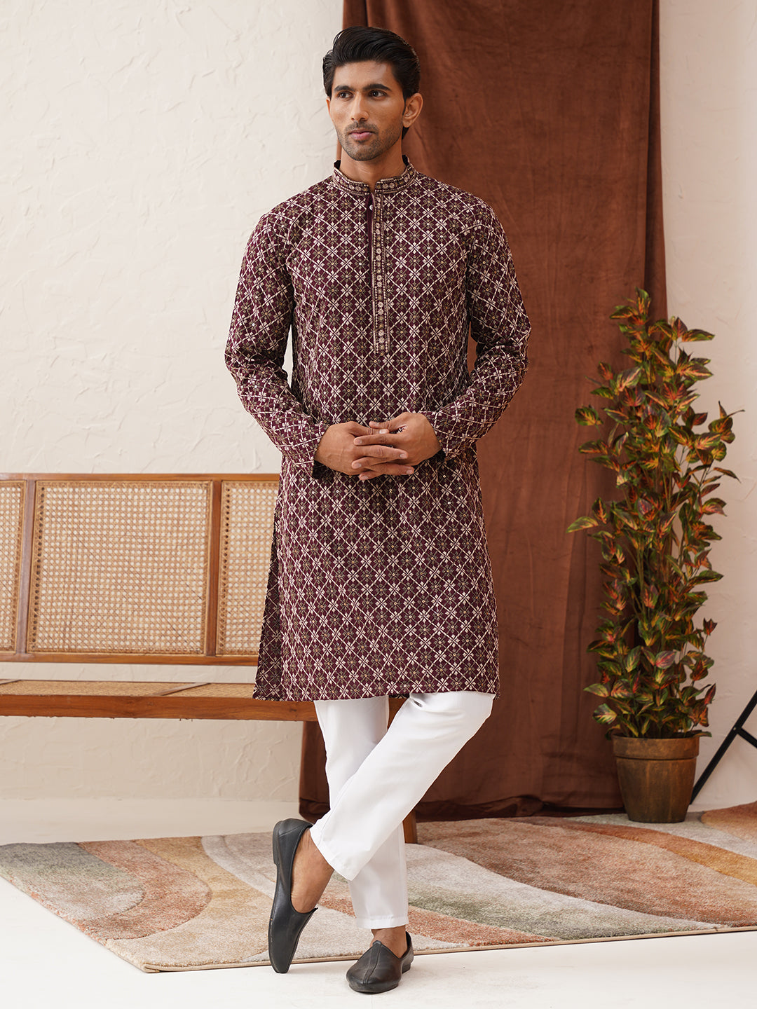 Embroidered Kurta Pyjama Set For Men ( JOKP P 5127Purple )