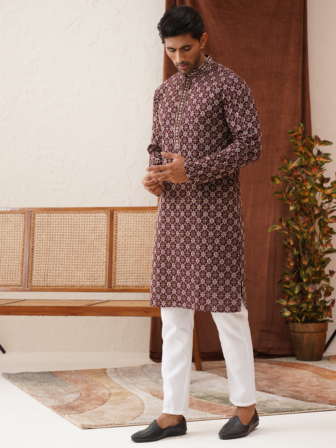 Embroidered Kurta Pyjama Set For Men ( JOKP P 5127Purple )