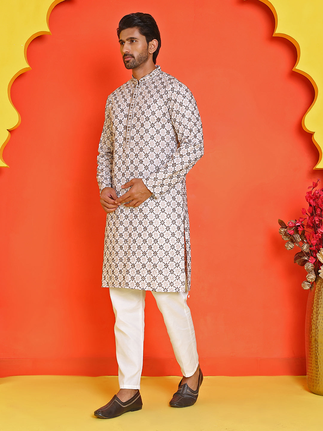 Embroidered Kurta Pyjama Set For Men ( JOKP P 5127 White )