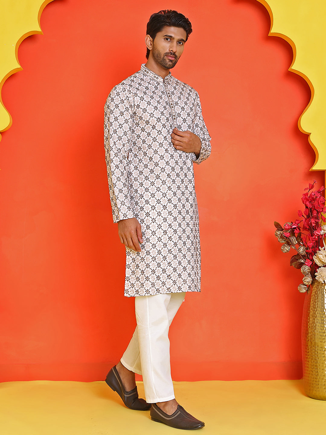 Embroidered Kurta Pyjama Set For Men ( JOKP P 5127 White )