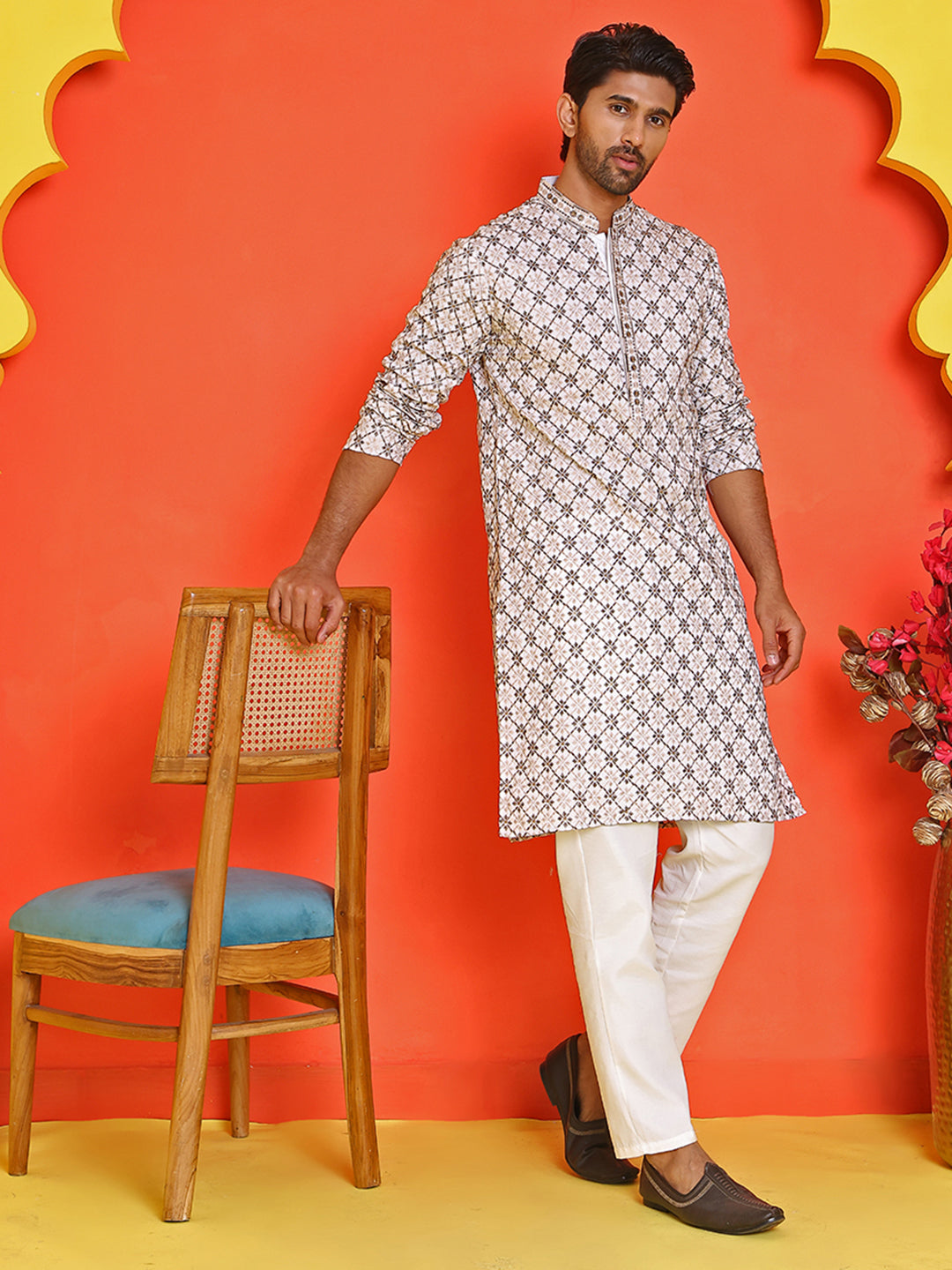 Embroidered Kurta Pyjama Set For Men ( JOKP P 5127 White )