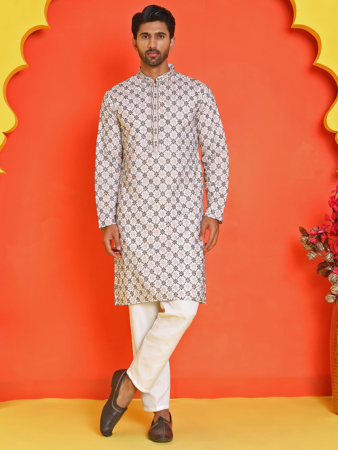 Embroidered Kurta Pyjama Set For Men ( JOKP P 5127 White )