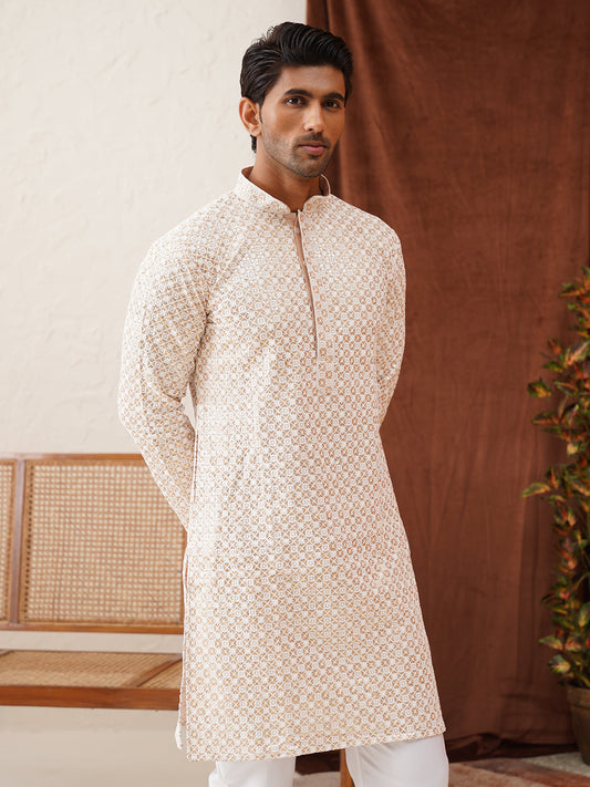Sequins & Embroidered Kurta Pyjama Set For Men ( JOKP P 5128Beige )
