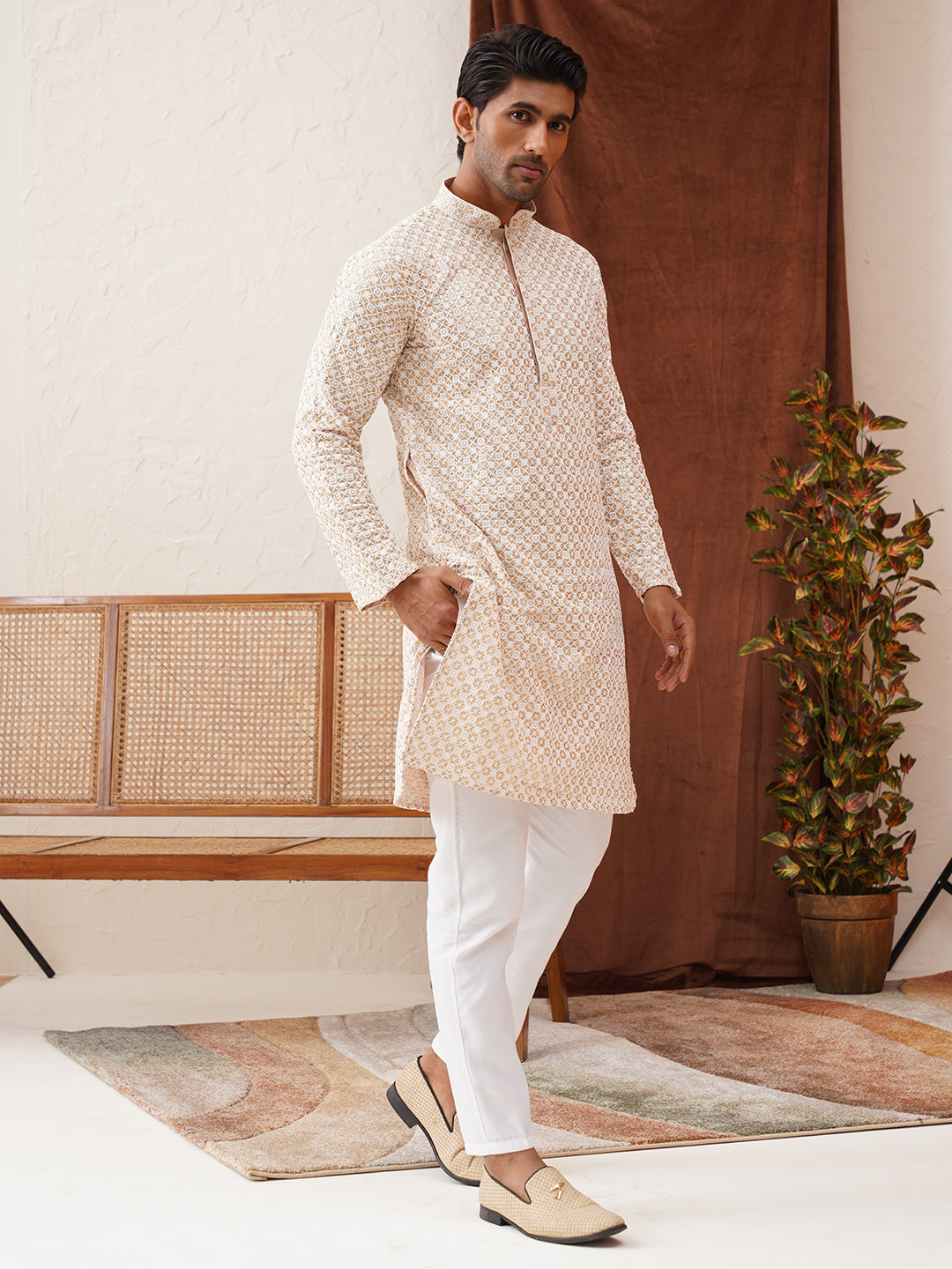 Sequins & Embroidered Kurta Pyjama Set For Men ( JOKP P 5128Beige )